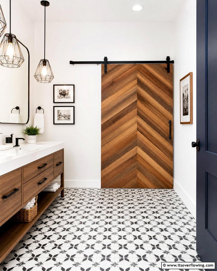Chevron Pattern Design - 20 Bathroom Barn Door Ideas for Space Saving