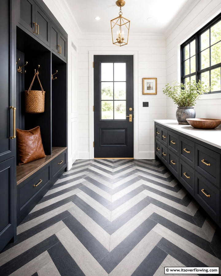 Chevron Pattern for Dynamic Movement - 25 Mudroom Tile Floor Ideas- Durable & Stylish Designs