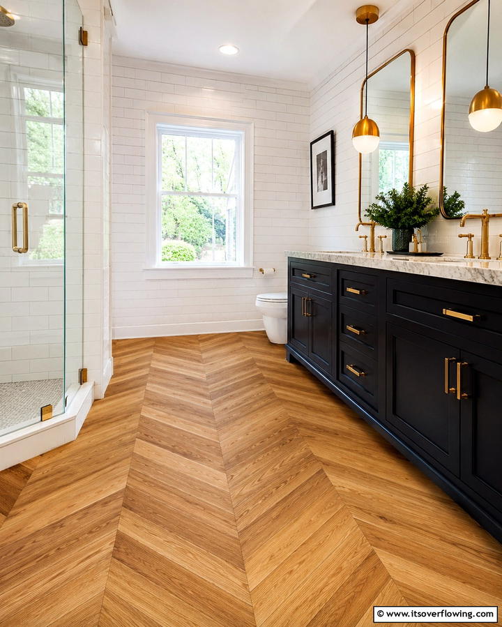 Chevron Patterned Wood Flooring - 30 Wood Floor Ideas for Bathrooms- Warmth Meets Function