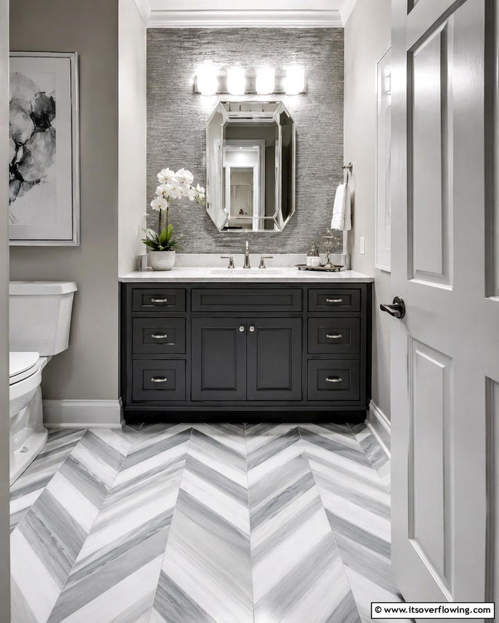 Chevron Patterns for Dynamic Style - 30 Powder Room Floor Tile Ideas for Elegant Small Spaces