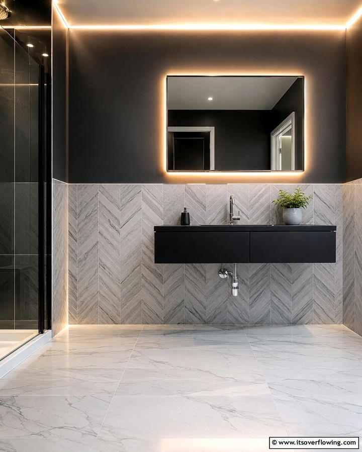 Chevron Patterns for Modern Sophistication - 30 Half-Wall Tile Bathroom Ideas for Functional Style