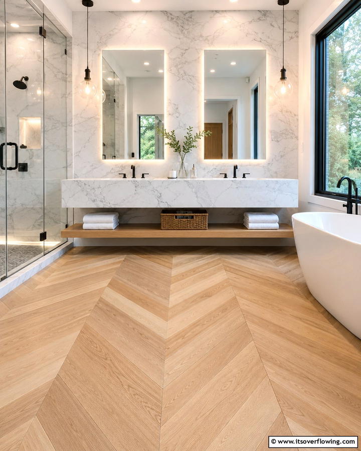 Chevron Patterns for Sophistication - 30 Wood Floor Ideas for Bathrooms- Warmth Meets Function