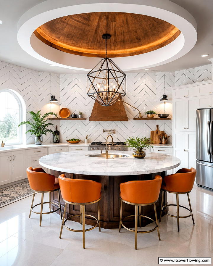 Chevron Shiplap with a Circular Island - 20 Kitchen Shiplap Ideas with Kitchen Island Designs