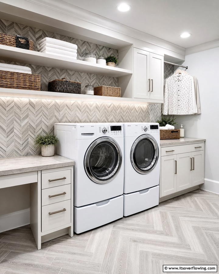 Chevron Tile Design - 20 Laundry Room Backsplash Ideas for a Stylish and Practical Space