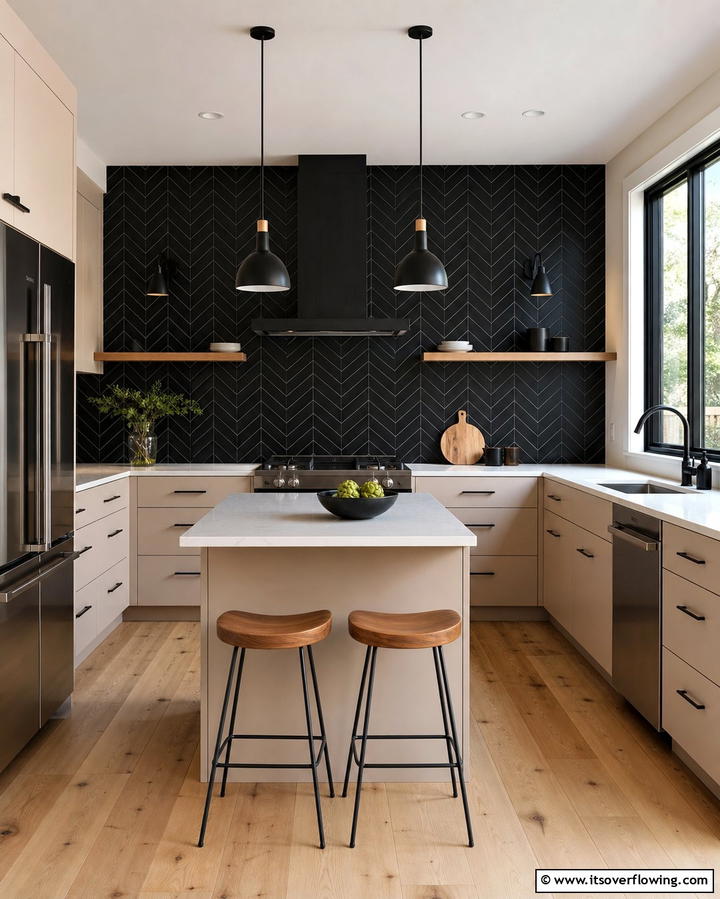 Chevron Tile Patterns - 25 Kitchen With Black Backsplash Ideas for Drama