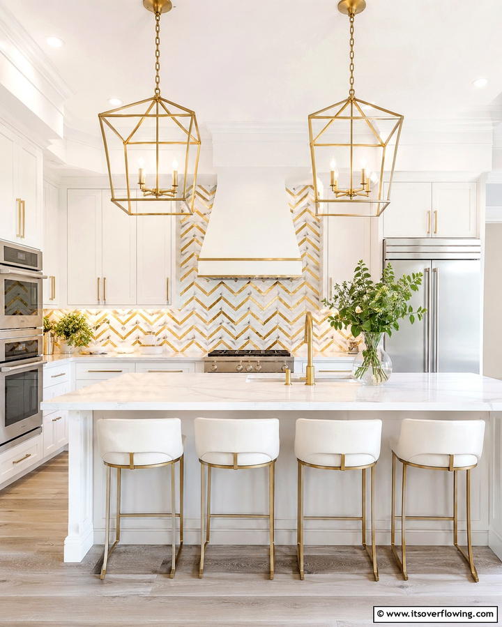 Chevron White and Gold Mosaic Tiles - 25 White and Gold Kitchen Backsplash Ideas for Elegance