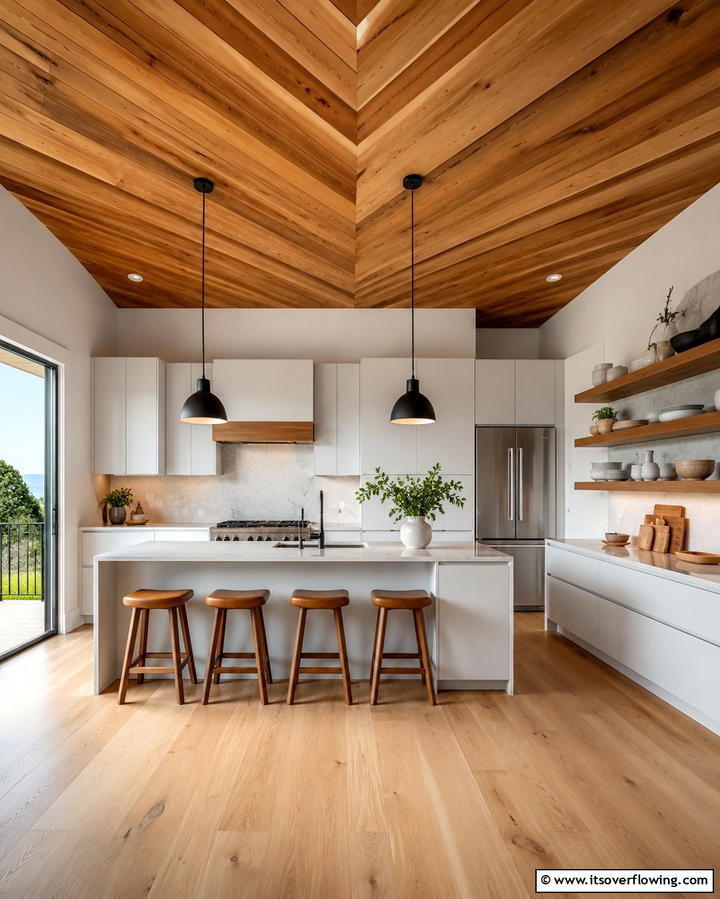 Chevron Wood Ceilings for Dynamic Style - 20 Wood Ceiling Kitchen Ideas for a Warm and Inviting Atmosphere