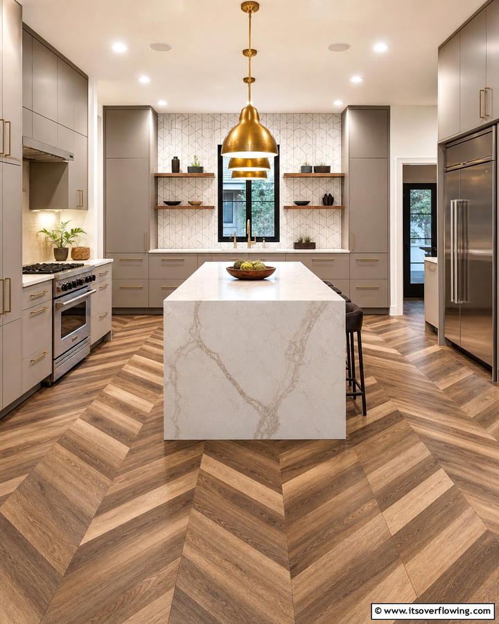 Chevron Wood Floor for a Bold Statement - 20 Kitchens With Wood Floors for a Warm and Inviting Feel