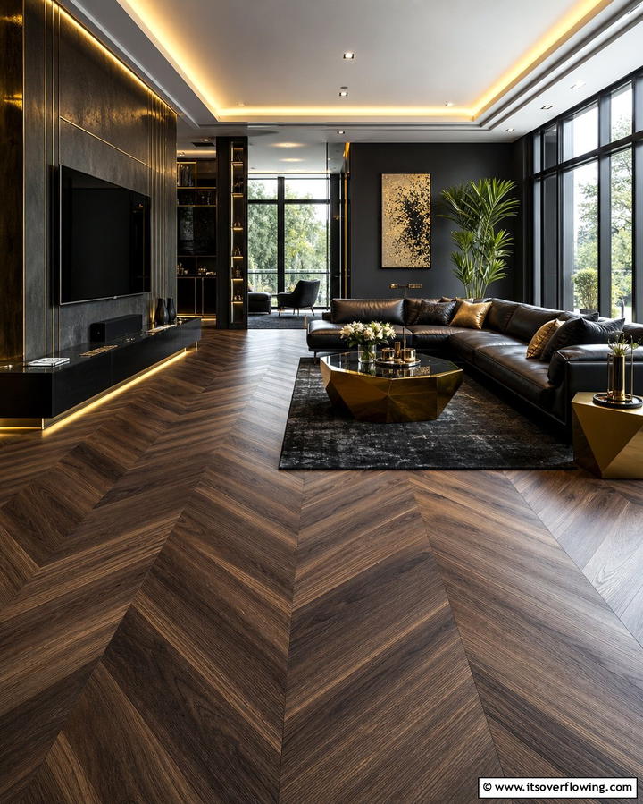 Chevron Wood Flooring - 25 Living Room Wood Floor Ideas for a Warm Ambiance