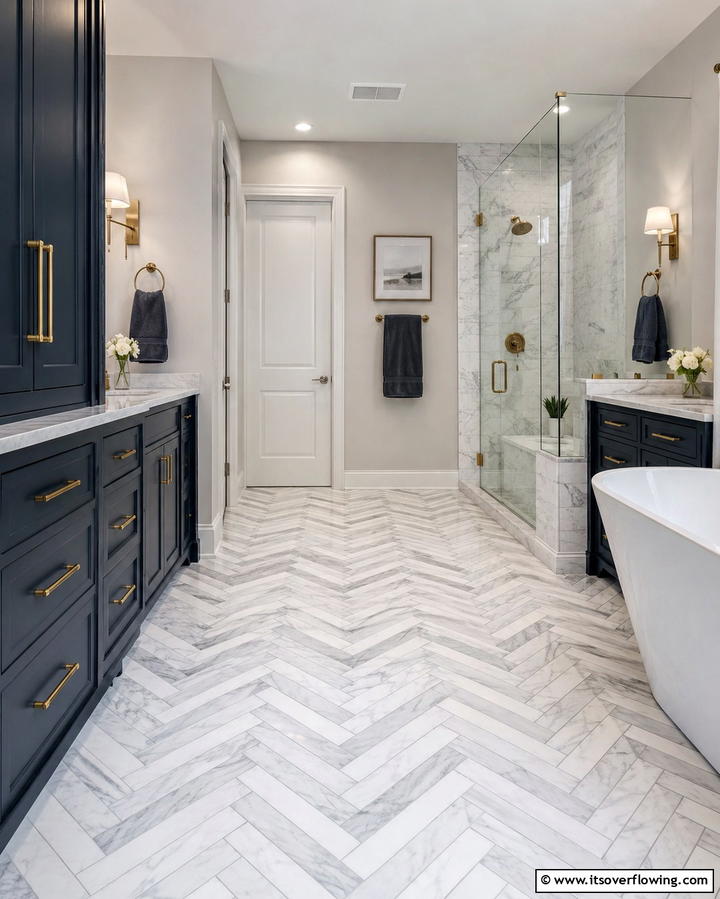 Chevron or Herringbone Patterns - 25 Hall Bathroom Ideas for Small and Functional Spaces
