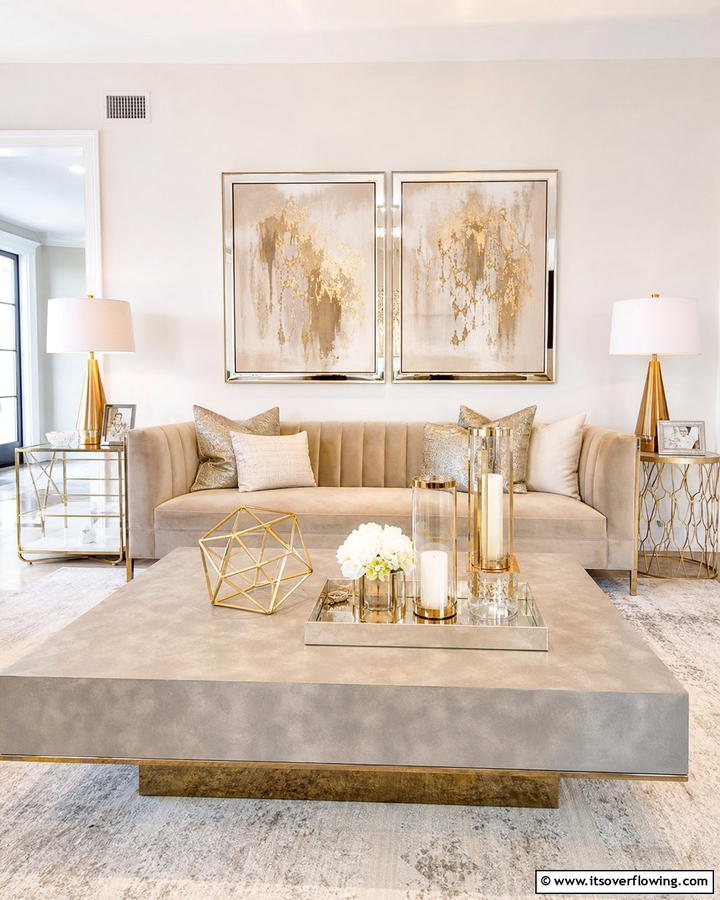 Chic Beige Metallic Accents - 21 Elegant Beige Living Room Ideas for Timeless Comfort