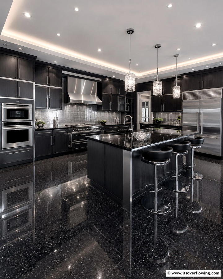 Chic Black Floor with Metallic Hues - 30 Sleek Black Floor Kitchen Ideas for Contemporary Designs
