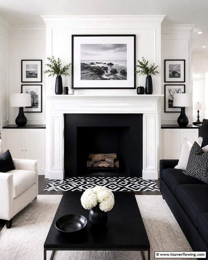Chic Black and White Contrast - 30 Bold Black Fireplace Ideas to Elevate Your Living Room