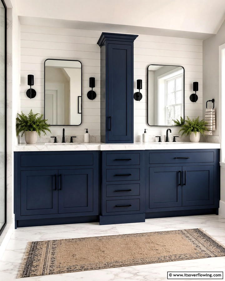 Chic Blue Cabinets with Black Hardware - 30 Striking Black and Blue Bathroom Ideas for Dramatic Flair