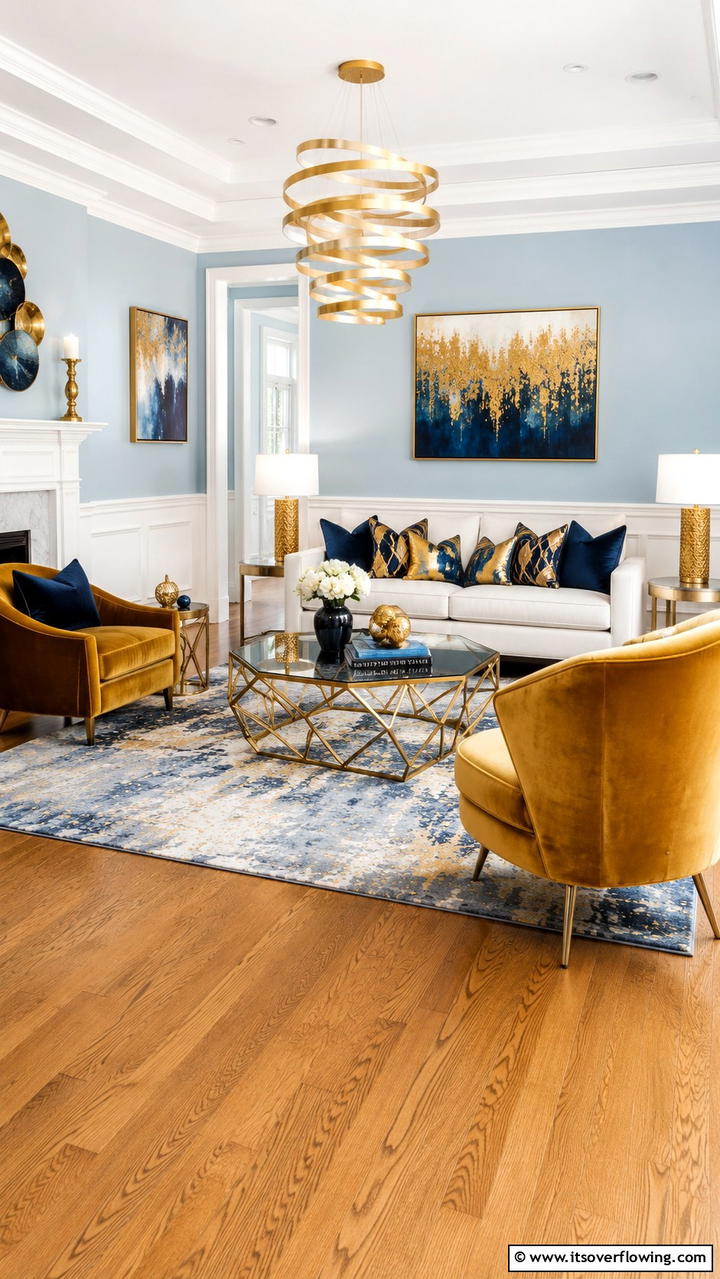 Chic Blue and Gold Harmony - 30 Stunning Blue and Gold Living Room Ideas for Elegant Spaces