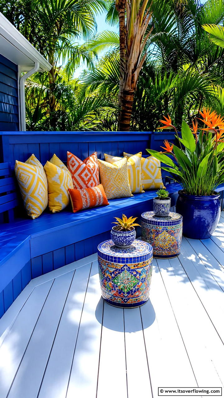 Chic Built In Bench with Bold Colors - 30 Built-In Deck Bench Ideas- Functional Outdoor Seating