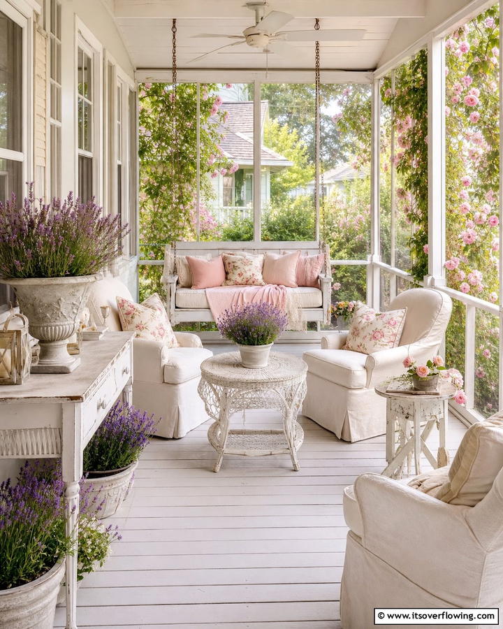 Chic Country Cottage - 21 Screened-in Porch Ideas for Year-Round Outdoor Living