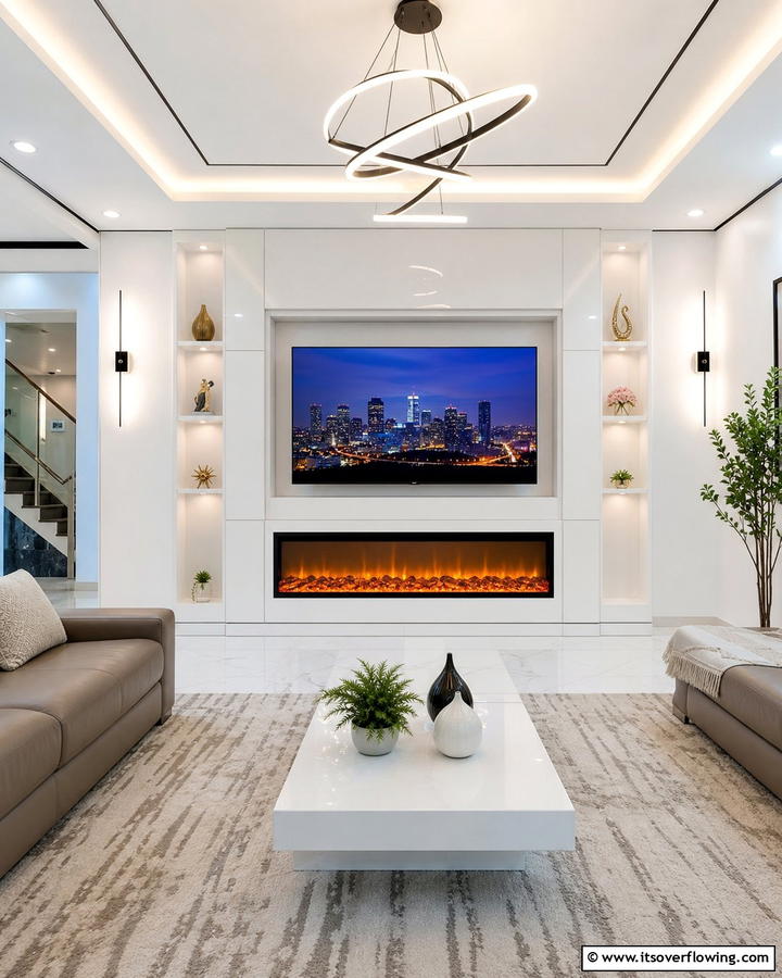Chic Electric Fireplace with Hidden TV System - 30 Electric Fireplace Ideas With TV Above for Cozy Spaces