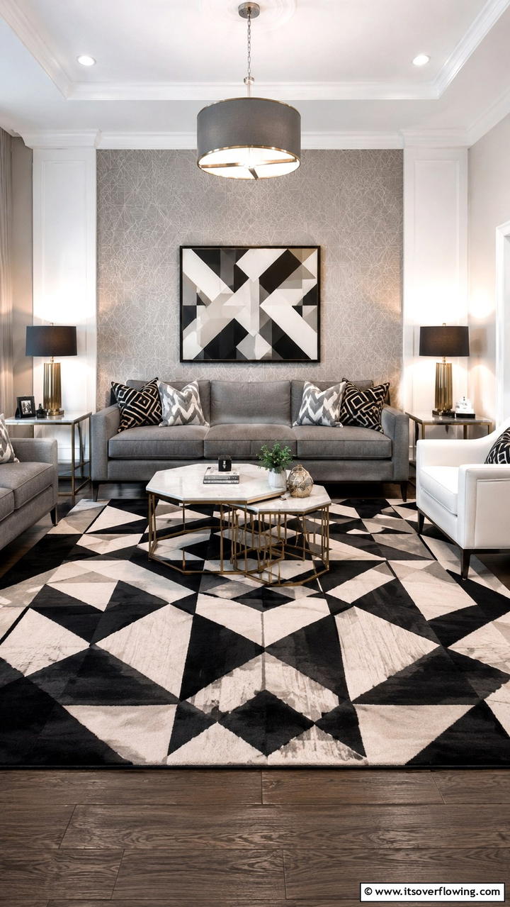 Chic Geometric Patterns - 30 Grey and Cream Living Room Ideas- Neutral Elegance