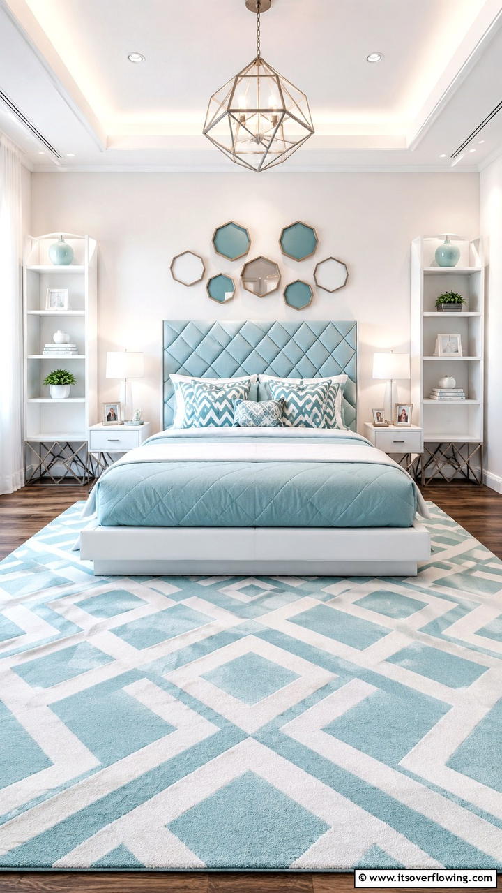 Chic Geometric Patterns - 30 Duck Egg Blue Bedroom Ideas for Serene Spaces