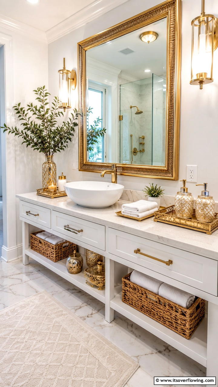 Chic Gold Accessories - 30 Gold Bathroom Ideas for Luxurious, Modern Spaces