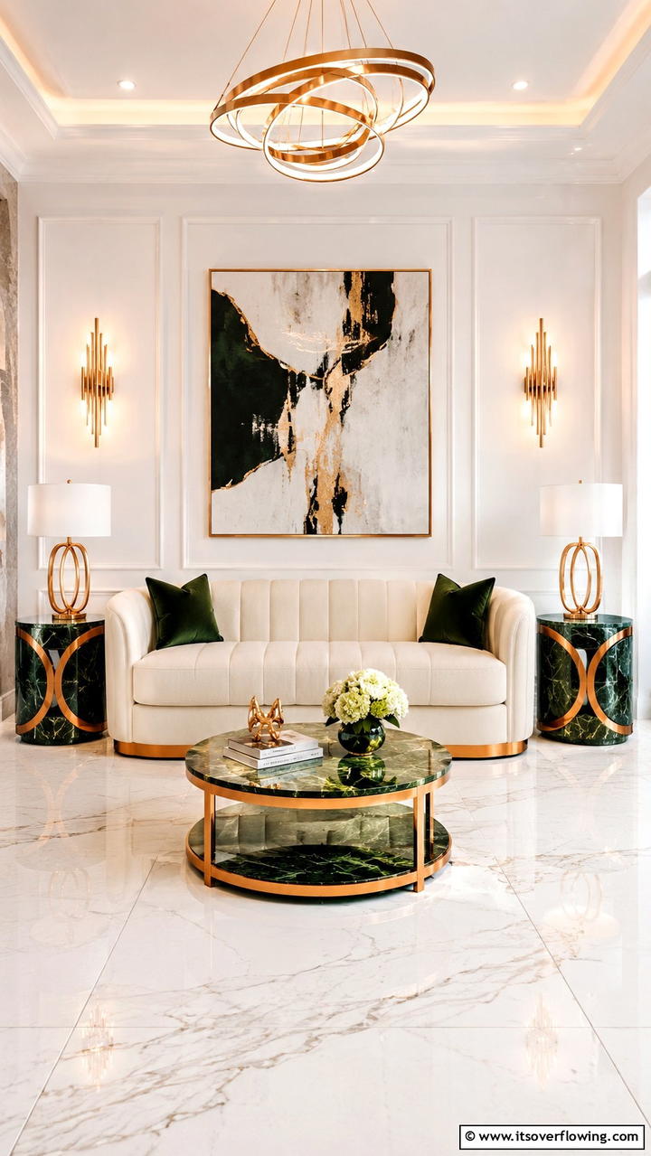Chic Green Marble and Orange Accented Side Tables - 30 Green and Orange Living Room Ideas for Bold Style
