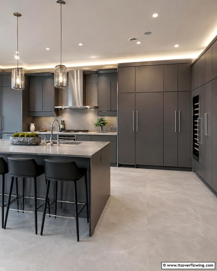 Chic Grey Kitchen with Integrated Appliances - 30 Kitchens with Grey Floors- Sleek & Modern Flooring Ideas