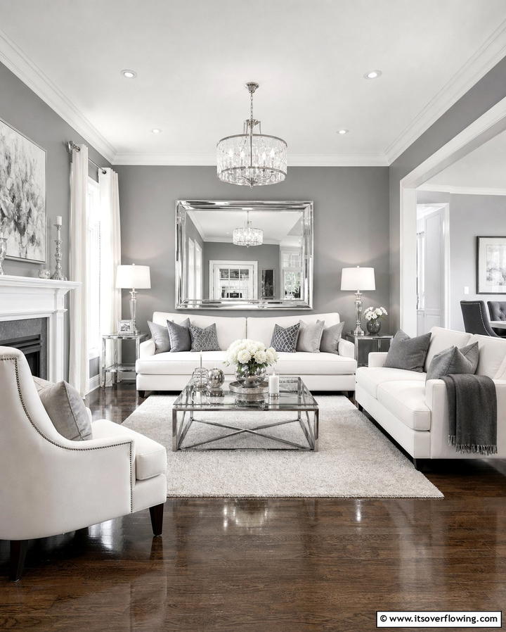 Chic Grey and White Combo - 30 Grey Living Room & Dark Wood Floor Design Combinations