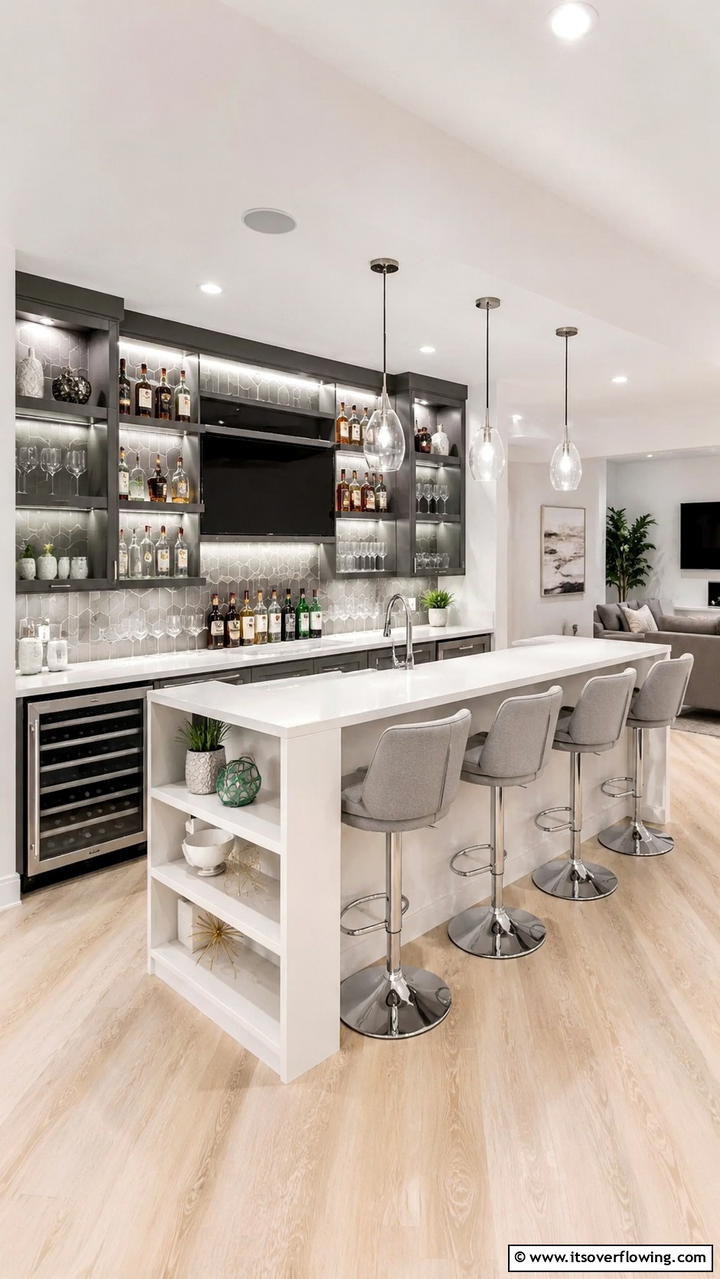 Chic Home Bar Experience - 30 Grey and White House Interior Ideas- Minimalist Elegance