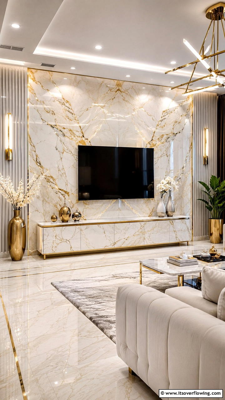 Chic Marble TV Wall - 21 Innovative TV Wall Ideas to Maximize Living Room Space
