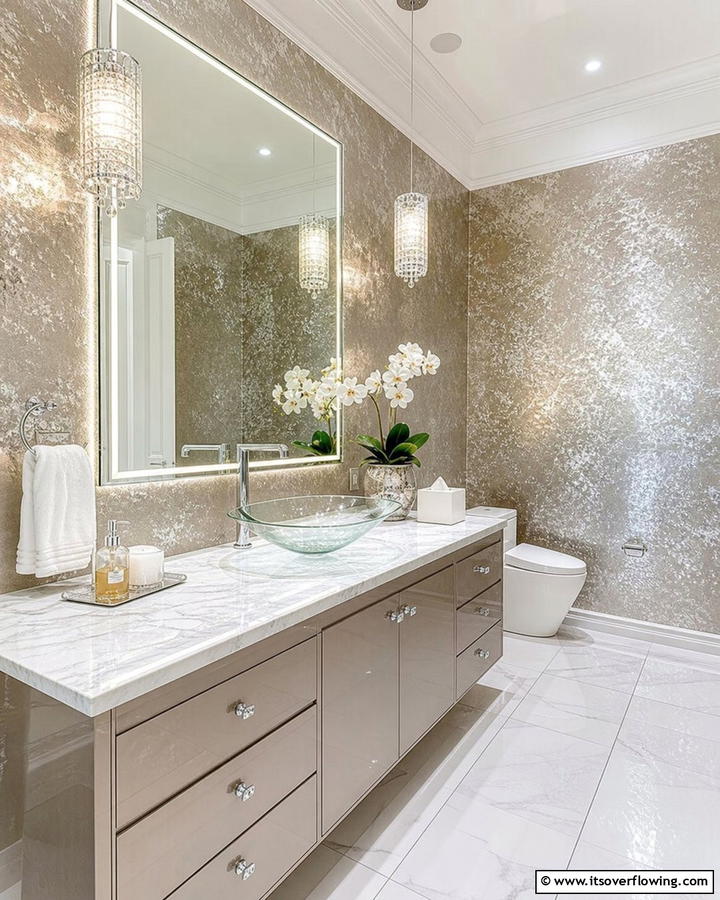 Chic Metallic Finishes - 21 Bathroom Wallpaper Ideas to Add Bold Patterns or Subtle Texture