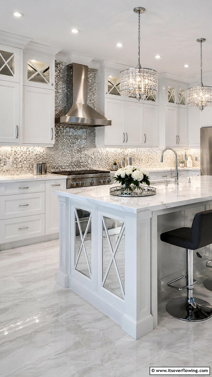 Chic Metallic Mosaic - 21 White Cabinet Kitchen Backsplash Ideas for Contrast