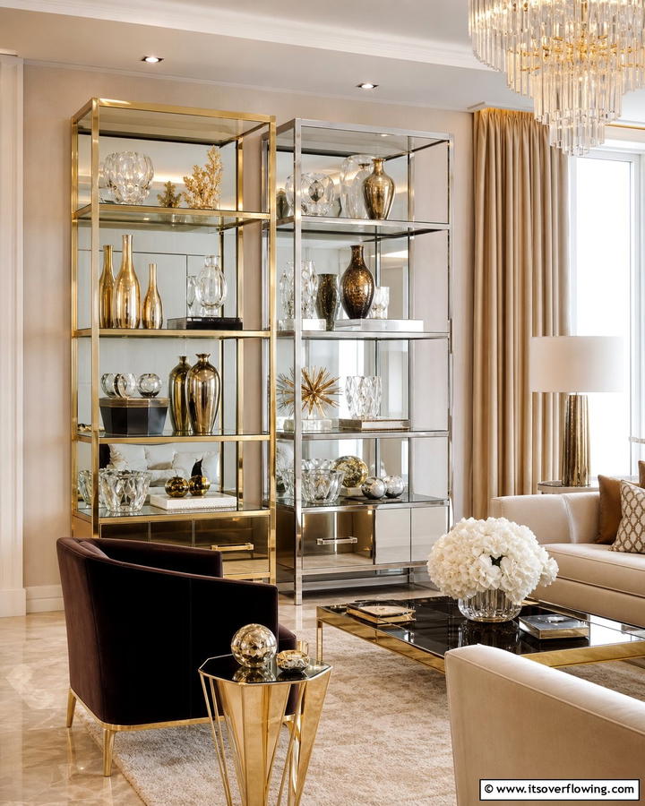 Chic Metallic Shelf Finishes - 21 Shelf Decor Ideas to Organize and Elevate Your Spaces
