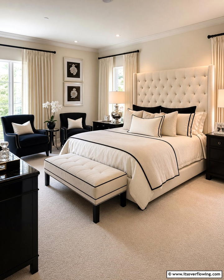 Chic Upholstery for a Modern Look - 21 Cream & Black Bedroom Ideas- Sophisticated Contrast