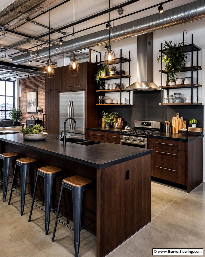 Chic Urban Loft with Open Shelving - 20 Kitchen Ideas with Brown Cabinets and Black Countertops