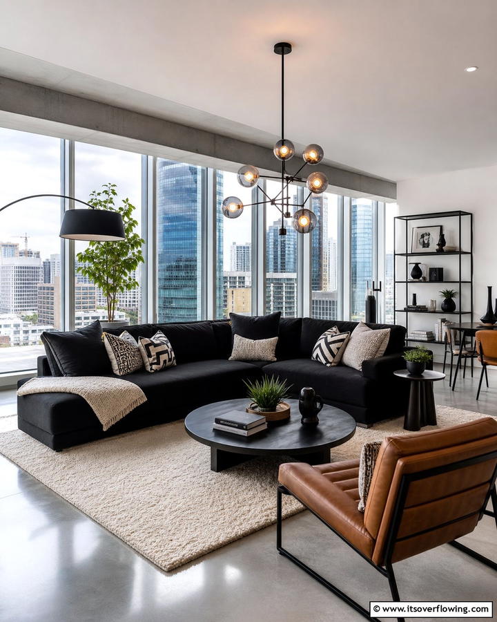 Chic Urban Retreat with Black Couch - 21 Chic Black Couch Living Room Styling Inspirations