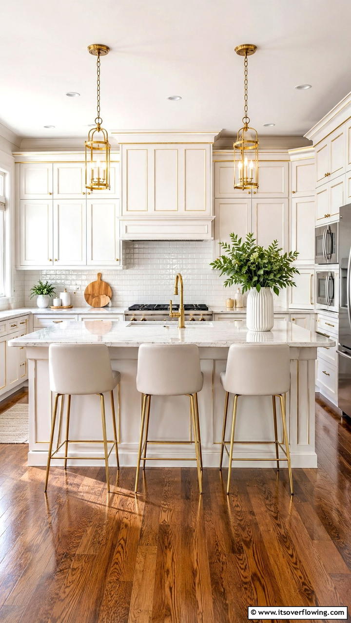 Chic White Shaker Cabinets with Golden Detailing - 21 White and Gold Kitchen Ideas for Timeless Elegance