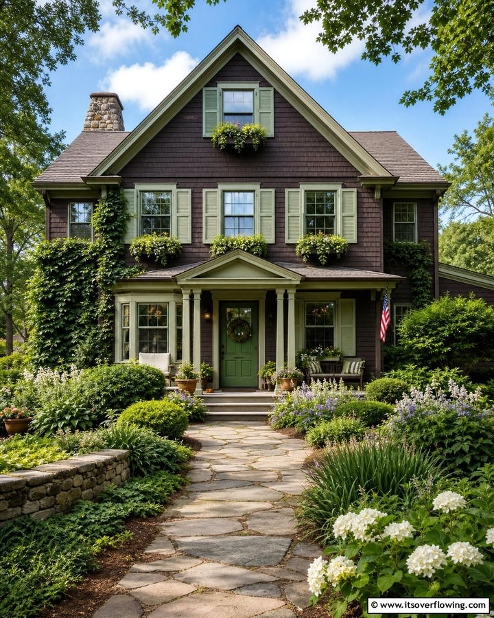Chocolate Brown with Green Accents - 20 Chocolate Brown House Exterior Design Ideas