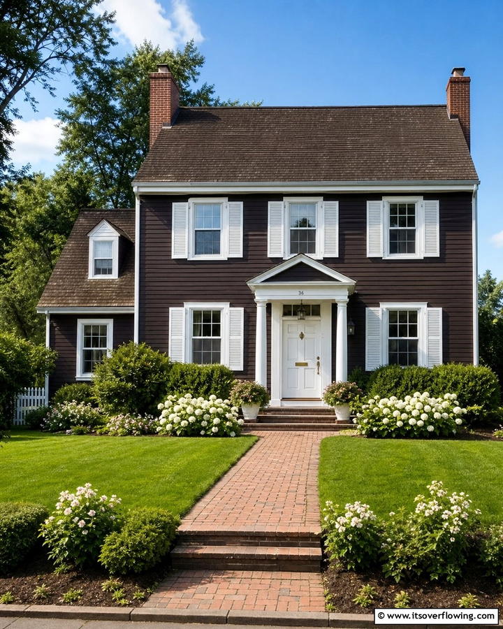 Chocolate Brown with White Shutters - 20 Chocolate Brown House Exterior Design Ideas
