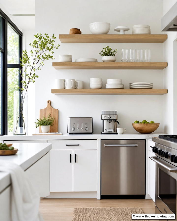 Choose Open Shelving for Minimalist Appeal - 25 White Kitchen with Stainless Steel Appliances Ideas