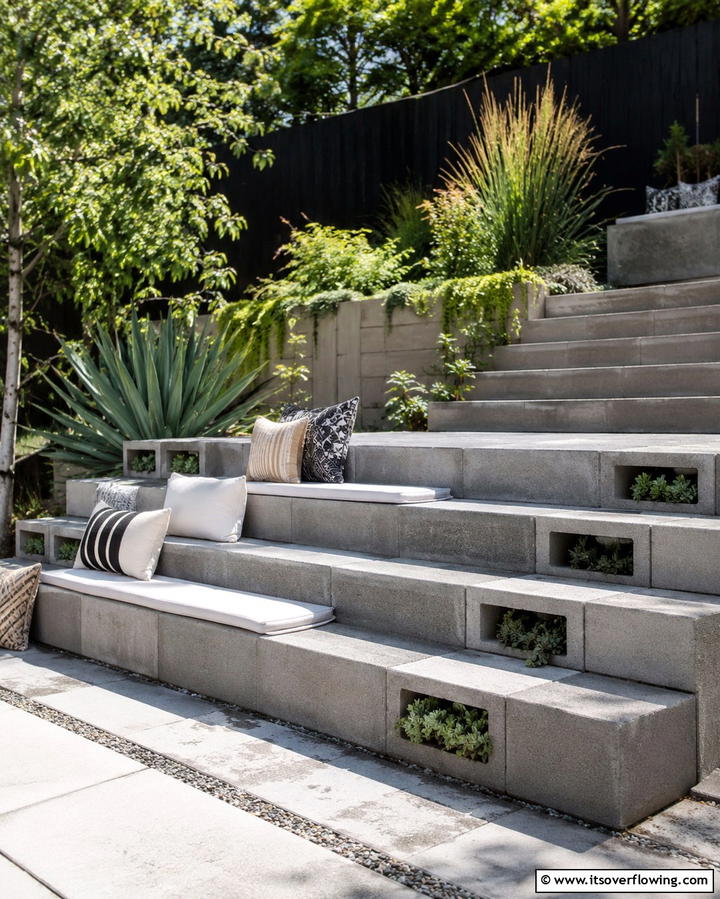 Cinder Block Steps and Seating Combo - 30 Innovative Cinder Block Garden Ideas for Urban Green Spaces