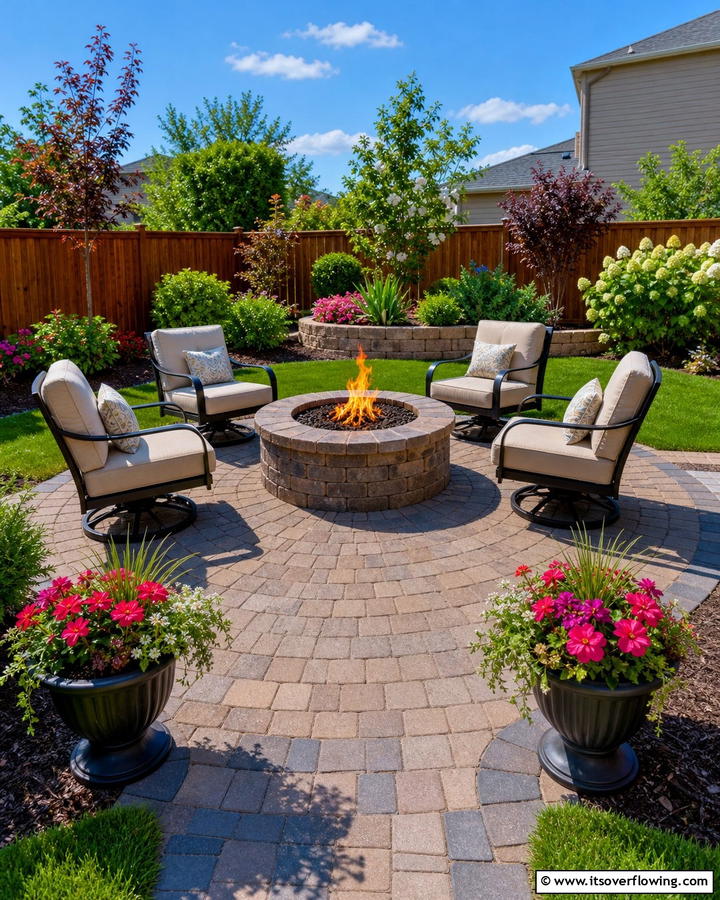 Circular Brick Fire Pit with a Paved Surround - 25 Creative Brick Fire Pit Ideas for Your Backyard
