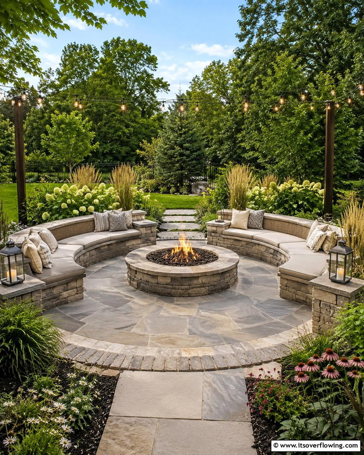 Circular Design for Intimate Gatherings - 20 Stone Patio With a Fire Pit Ideas for Cozy Nights