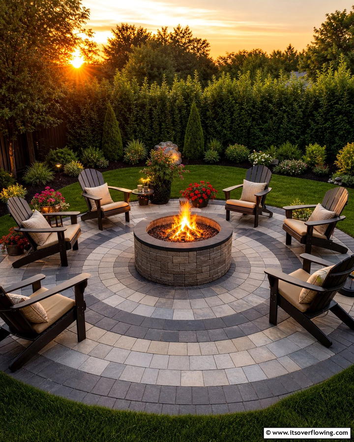 Circular Fire Pit with Symmetrical Paver Layout - 25 Concrete Paver Patio Fire Pit Ideas for Cozy Nights