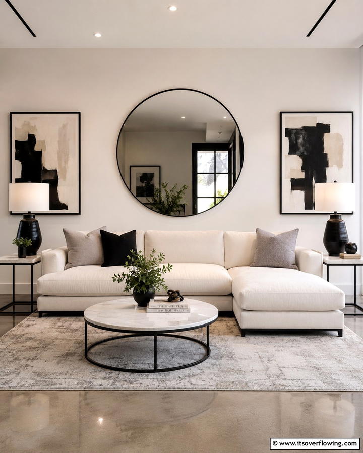 Circular Mirror as a Centerpiece - 25 Living Room Mirror Ideas to Brighten Your Space