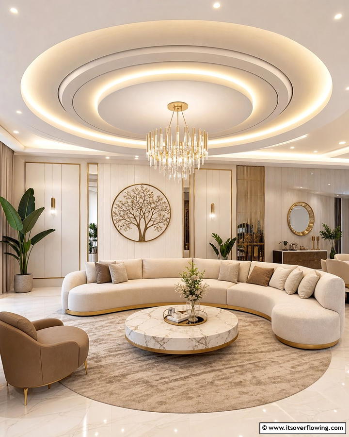 Circular Panel Design - 20 Living Room False Ceiling Design Ideas to Elevate Your Space
