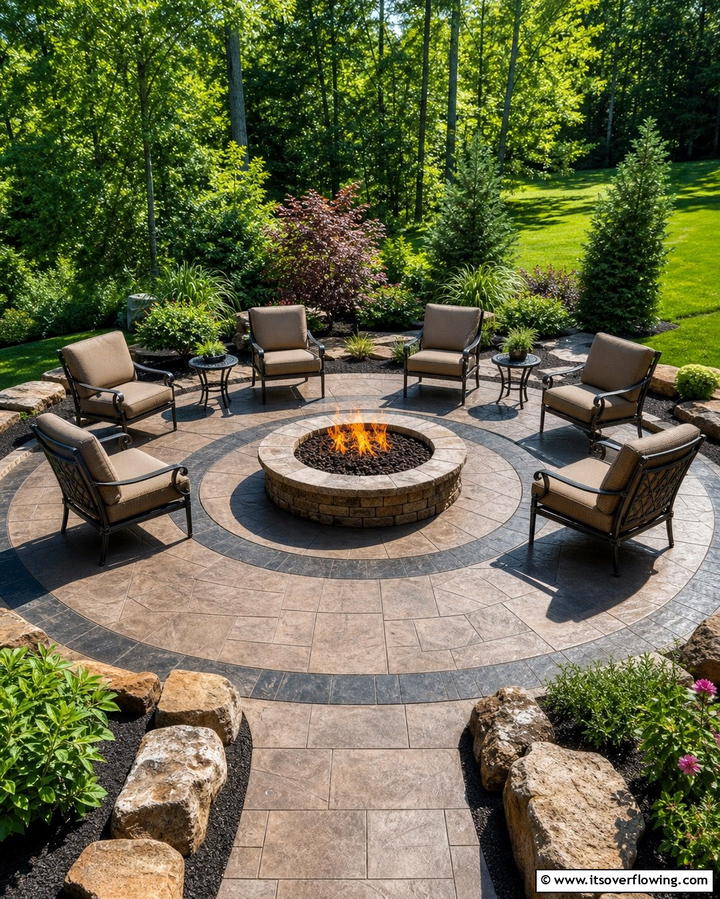 Circular Patio with Central Fire Pit Focus - 25 Stamped Concrete Patio With Fire Pit Ideas