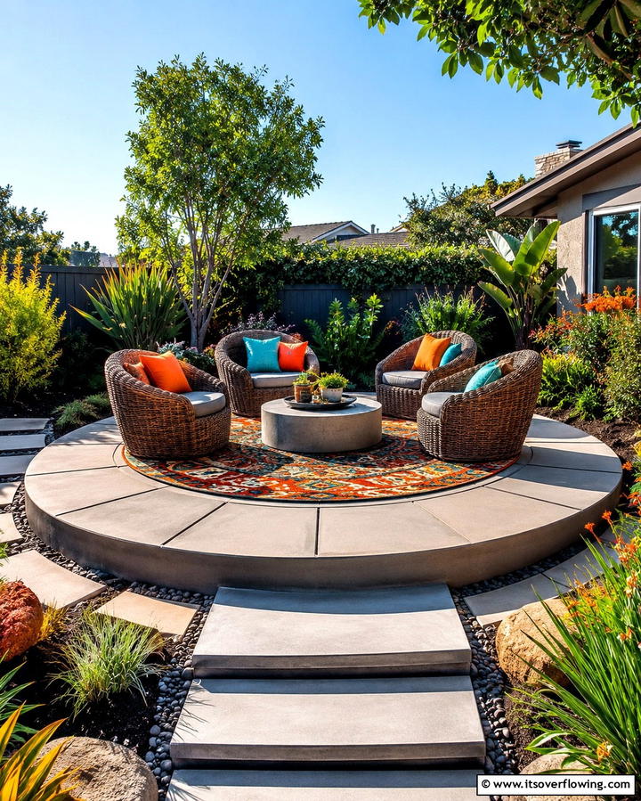 Circular Raised Patio with Central Seating - 25 Raised Concrete Patio Ideas for a Modern Outdoor Space