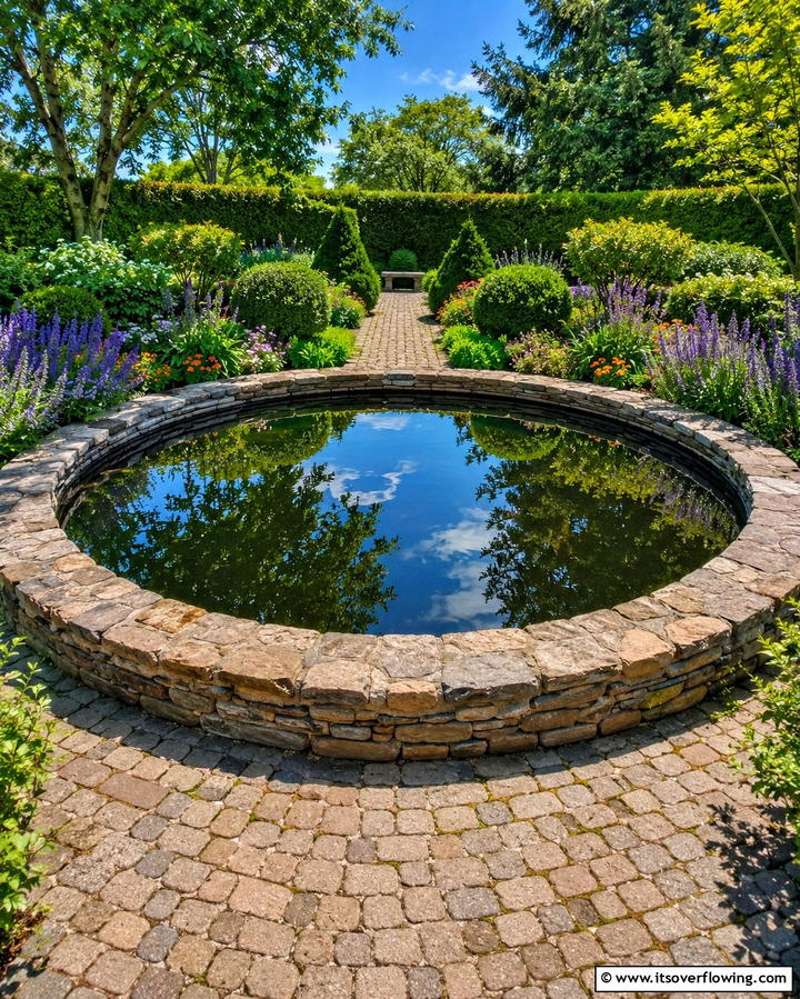 Circular Reflecting Pool with Stone Border - 20 Small Garden Reflecting Pool Ideas for Serenity