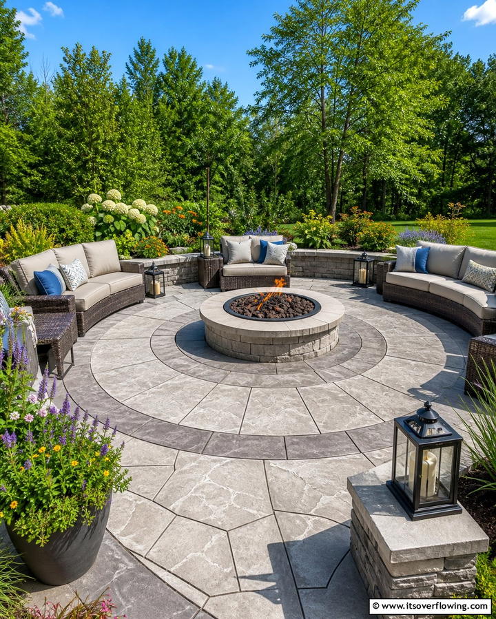 Circular Stamped Concrete Patio with Central Fire Pit - 25 Stamped Concrete Patio With Fire Pit Ideas